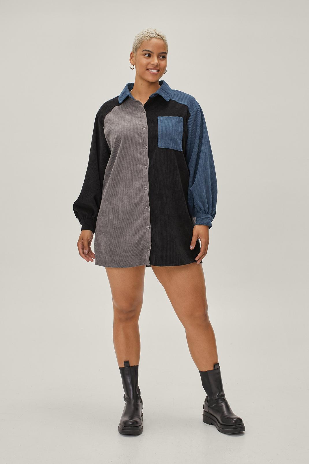 Teal Plus Size Half & Half Cord Shirt Dress image number 1
