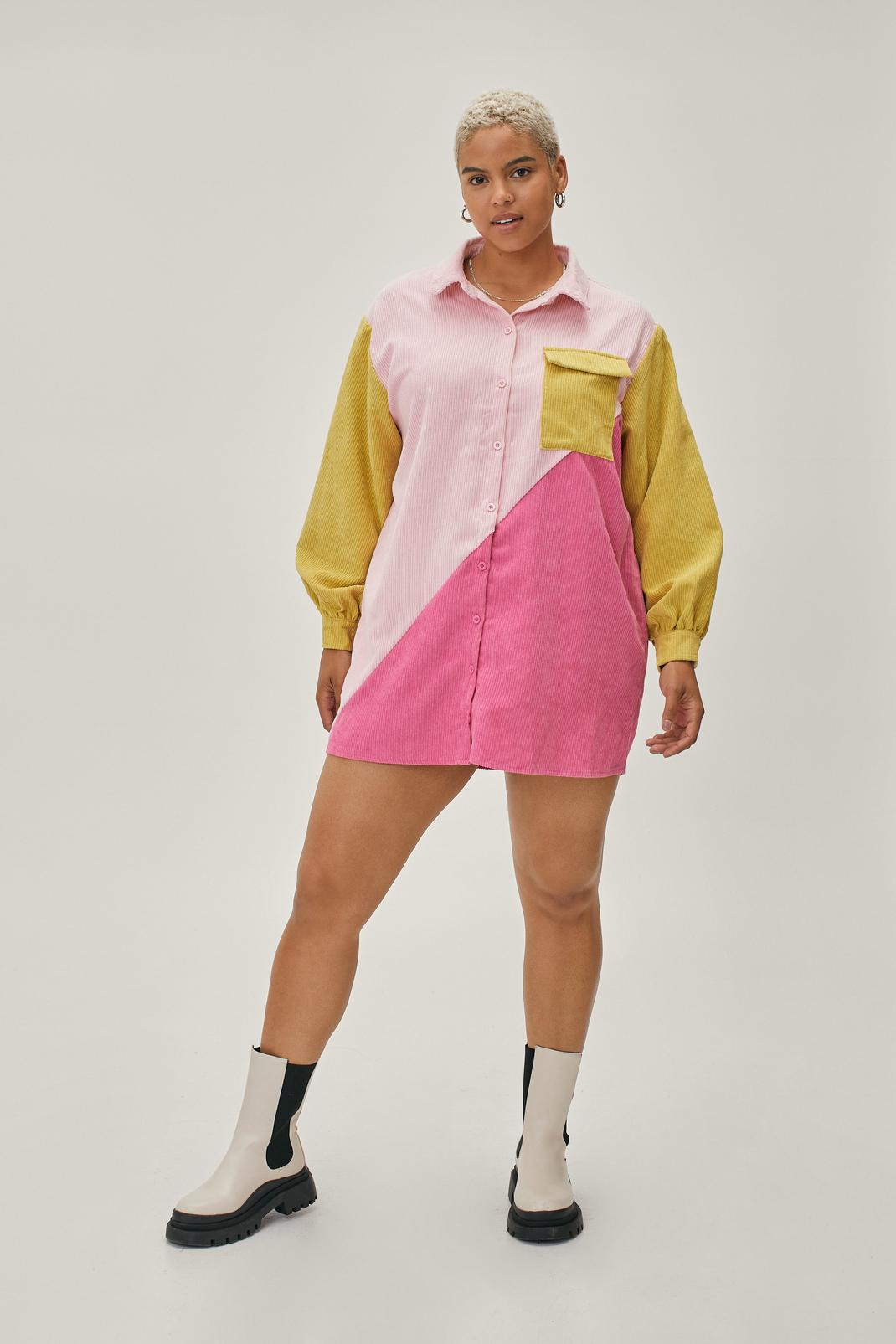 Pink Plus Size Colourblock Cord Shirt Dress image number 1