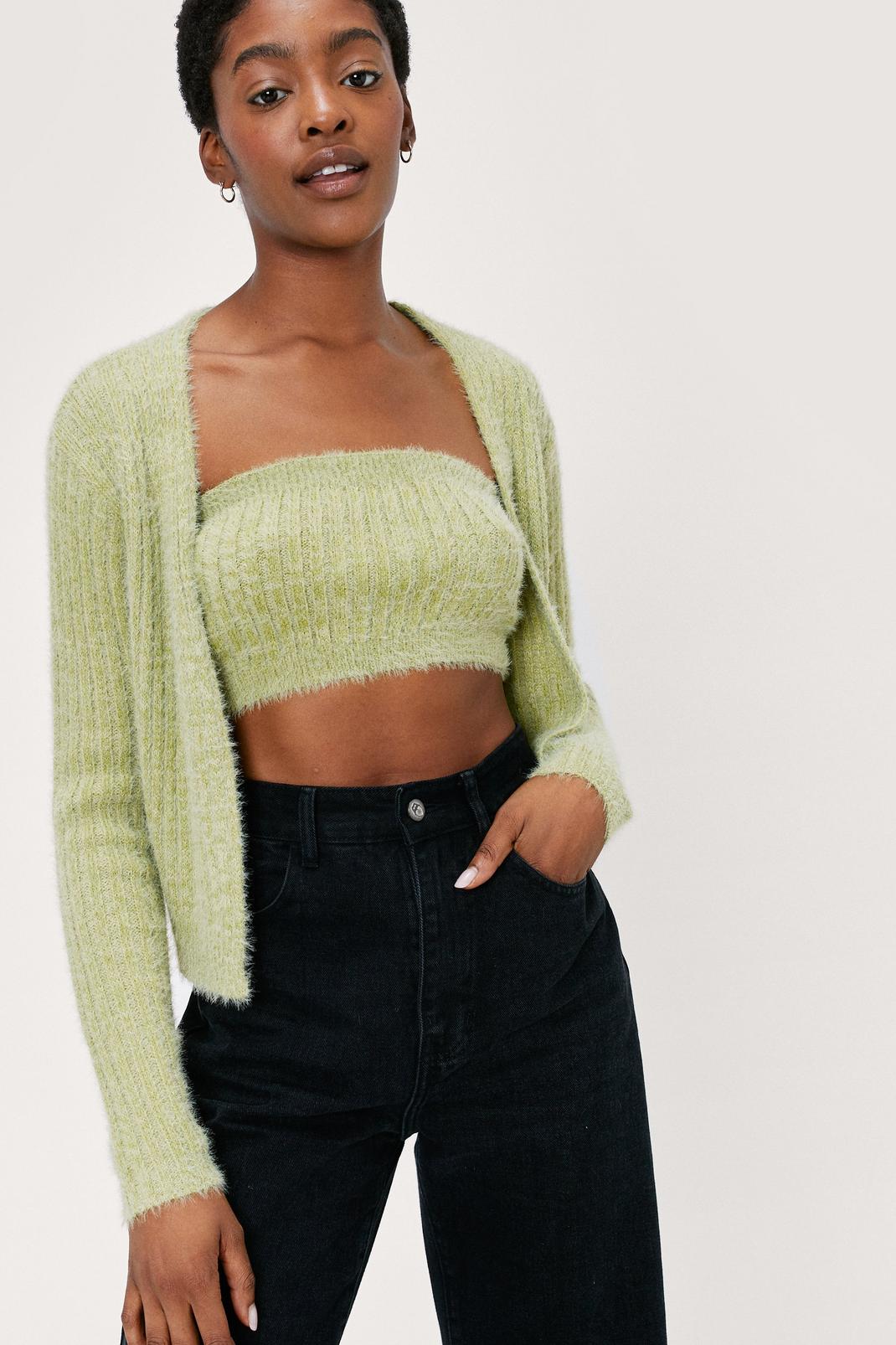 130 Fluffy Ribbed Cardigan And Bandeau Top Set image number 1