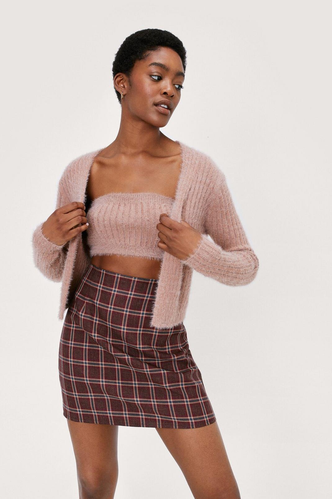167 Fluffy Ribbed Cardigan And Bandeau Top Set image number 2