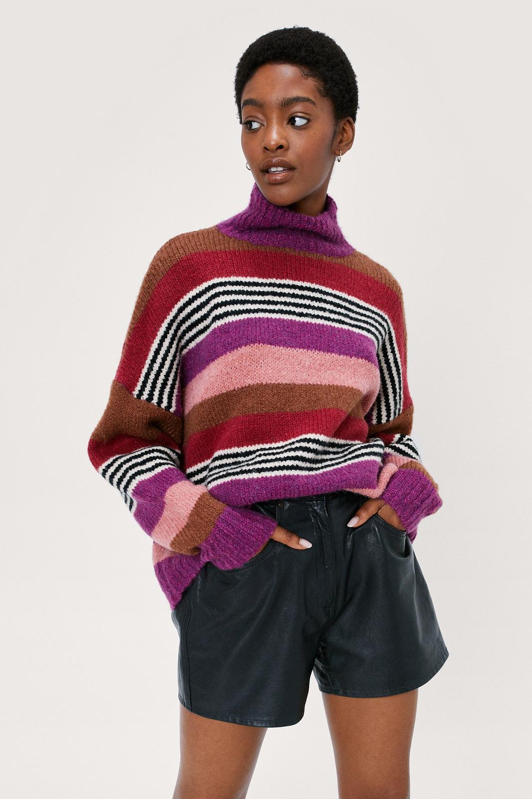 Purple Striped Colorblock High Neck Sweater image number 1