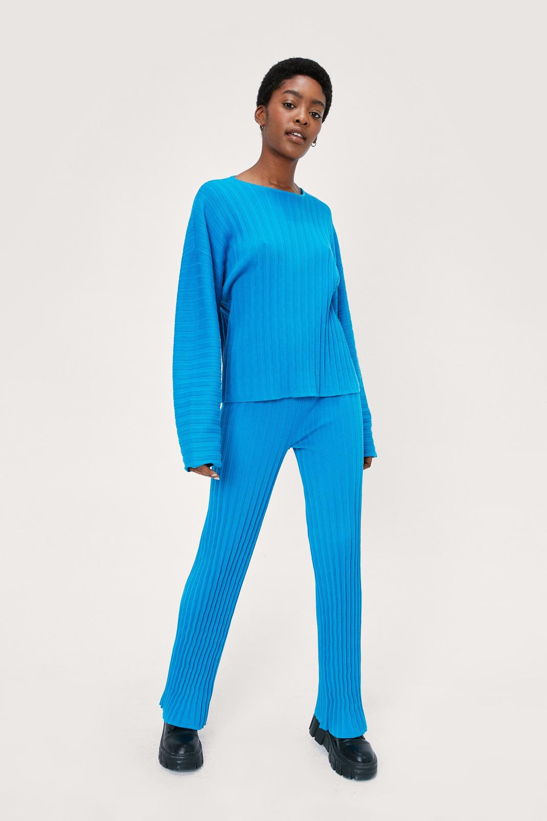 Bright blue Recycled Knit Pleated Rib Top And Trouser Set image number 1