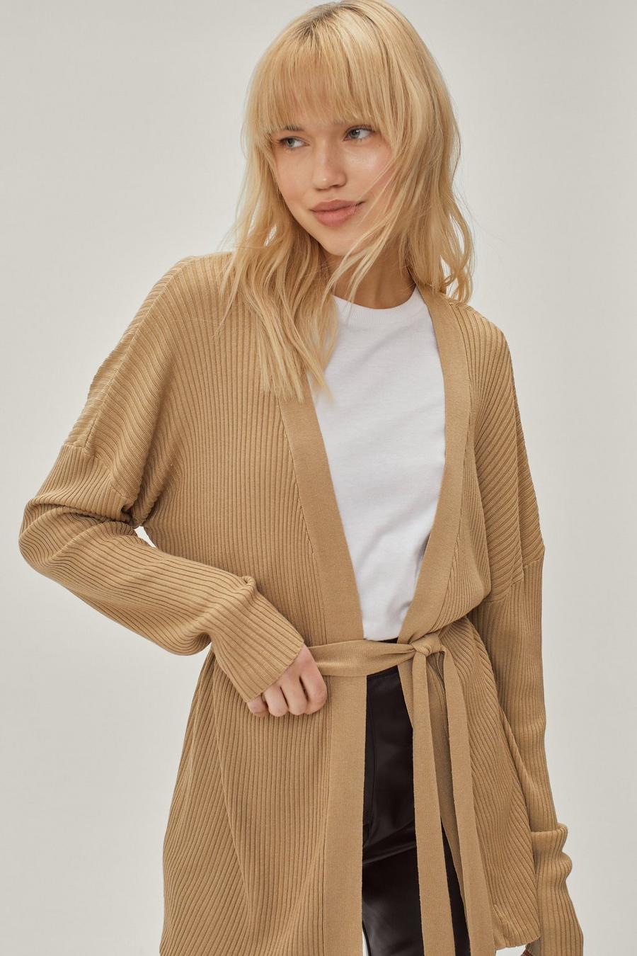 Ribbed Knitted Belted Longline Cardigan