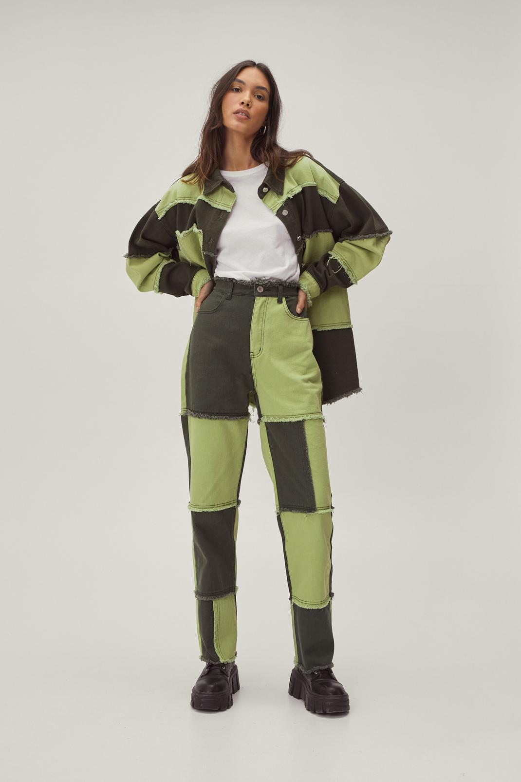 Green Color Block Patchwork Straight Leg Jeans image number 1