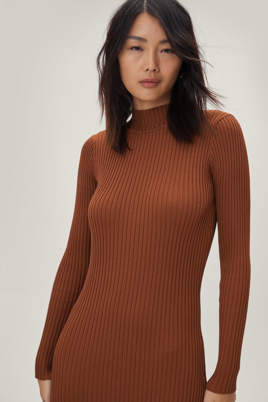 208 Knitted Ribbed High Neck Long Sleeve Midi Dress image number 2