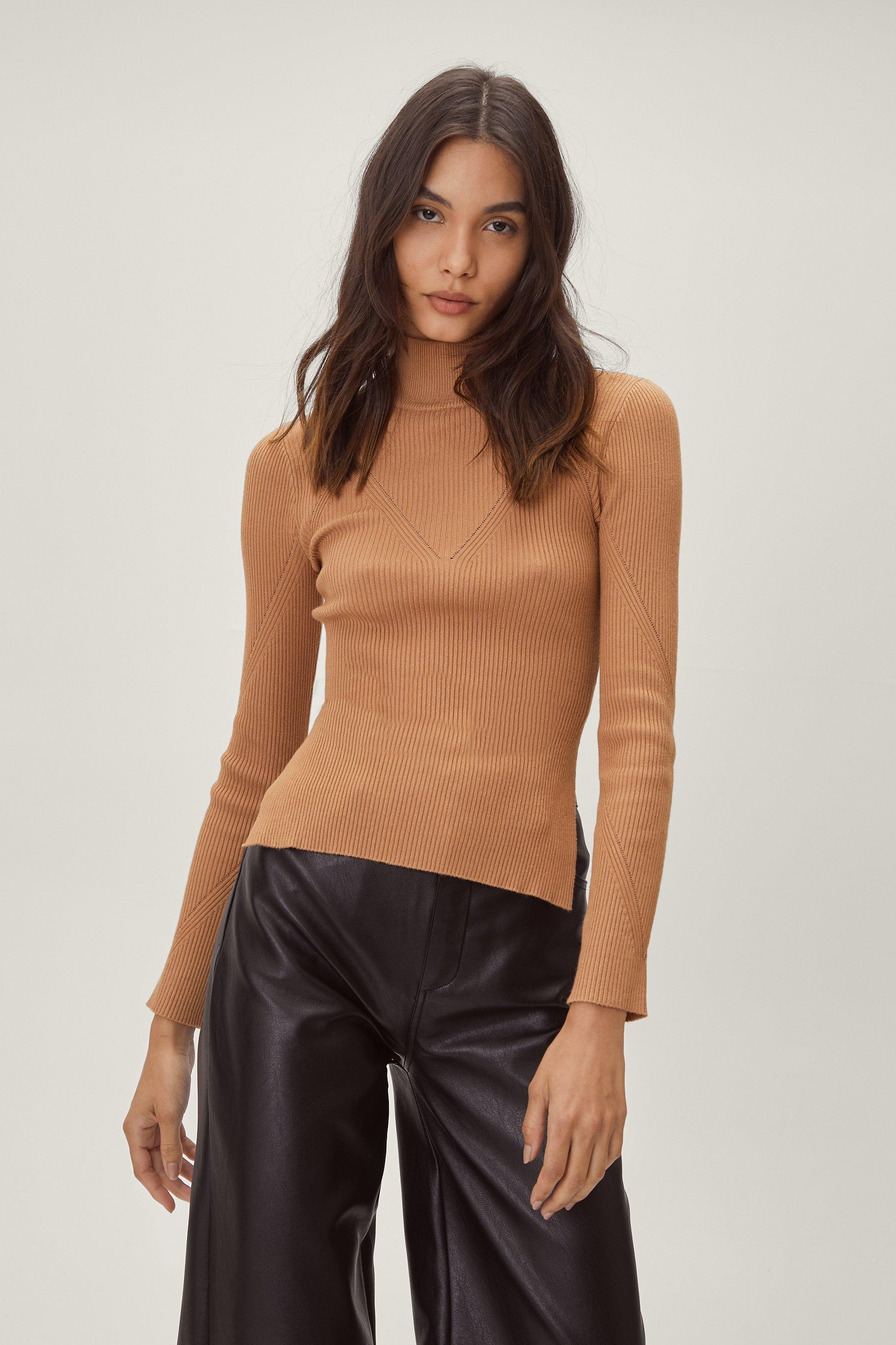 https://media.nastygal.com/i/nastygal/agg14474_camel_xl_2/contour-ribbed-high-neck-split-side-knit-top