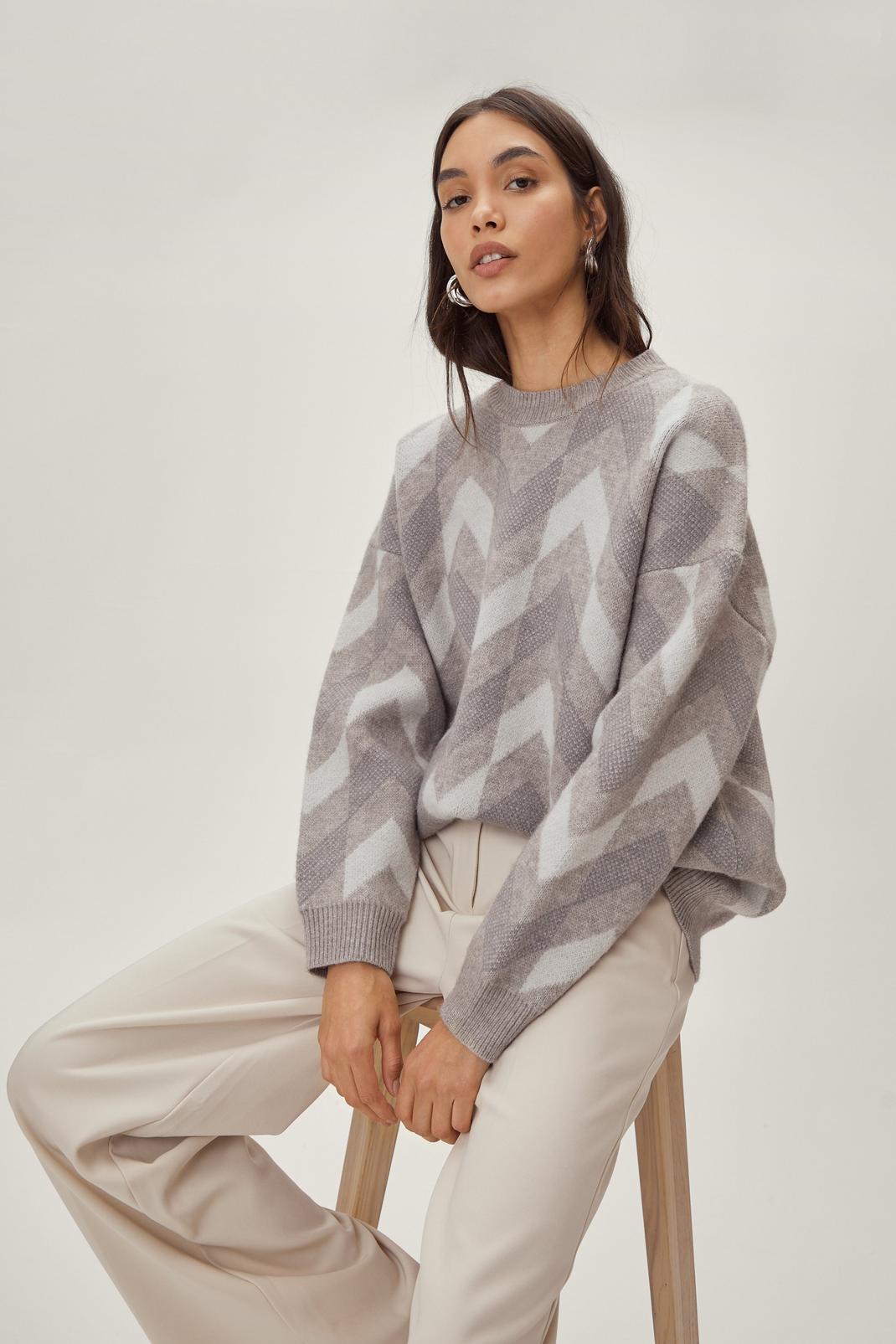 Grey Zig Zag Striped Knitted Sweater image number 1