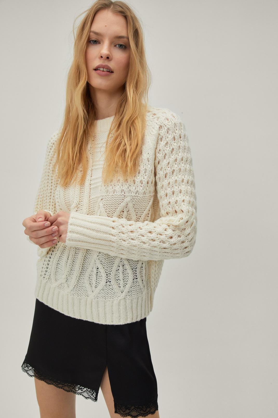 Cream Cable Patchwork Oversized Jumper image number 1