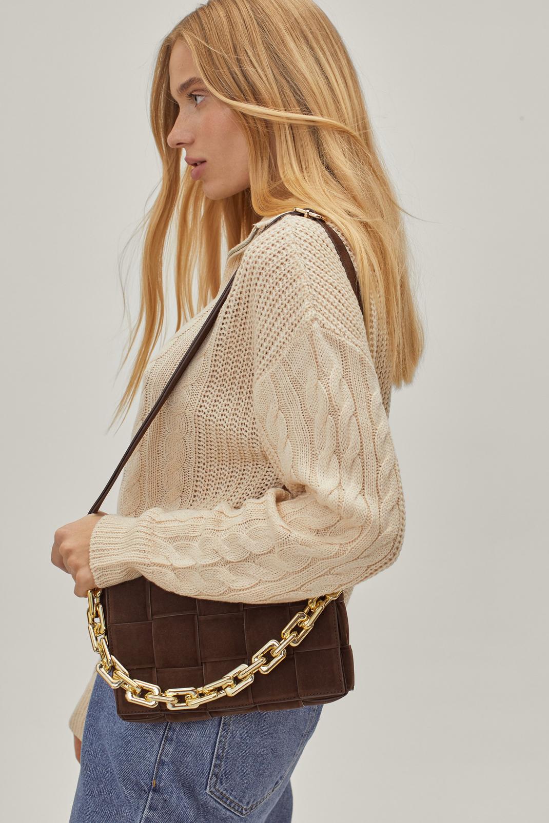 Chocolate Faux Suede Woven Chain Shoulder Bag image number 1