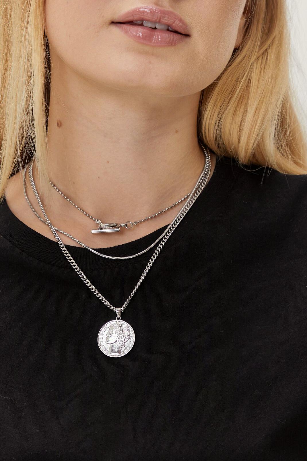 Double Chain Coin Necklace, Silver image number 1