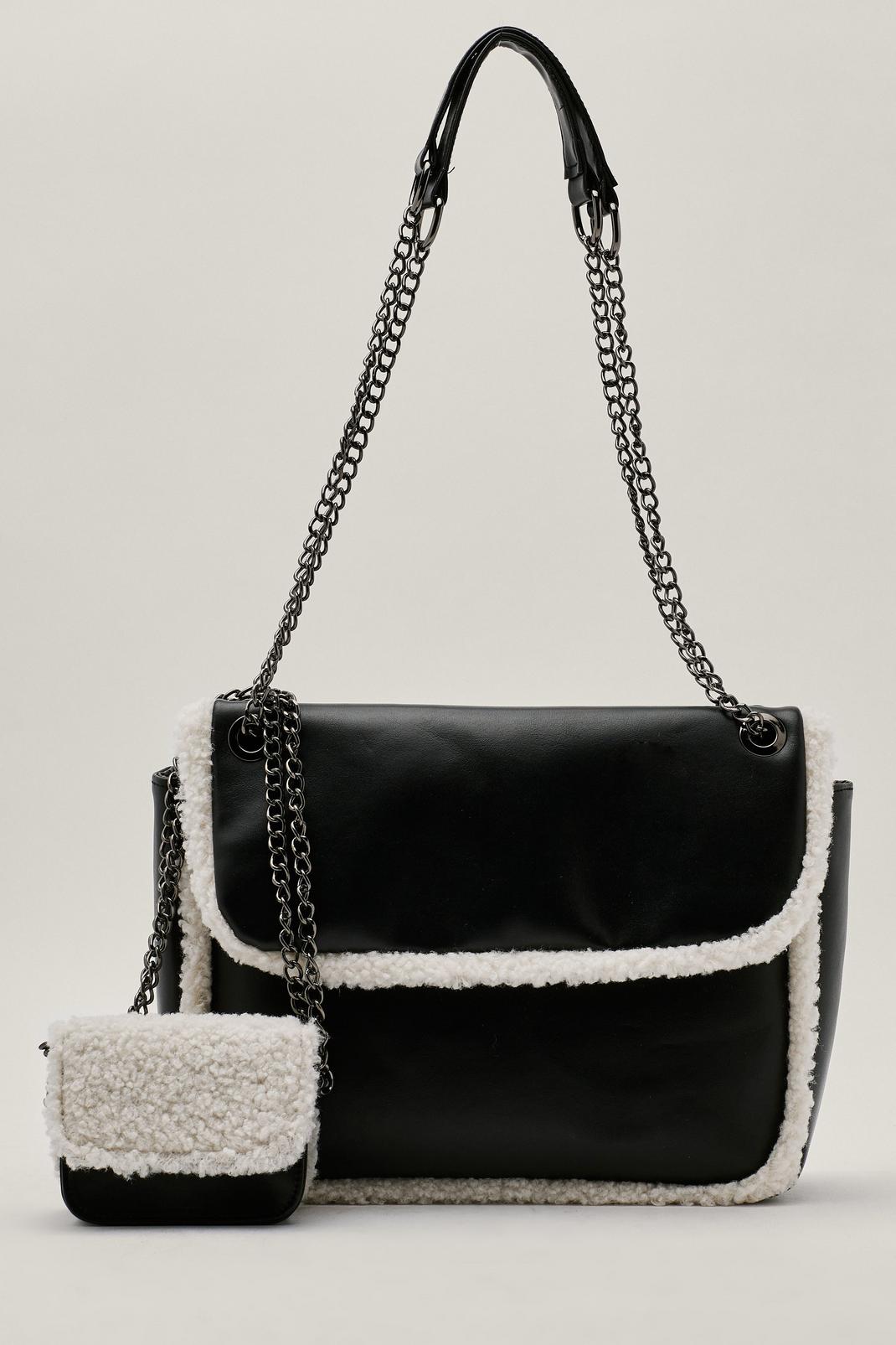 Black Faux Shearling Trim Two in One Crossbody Bag image number 1