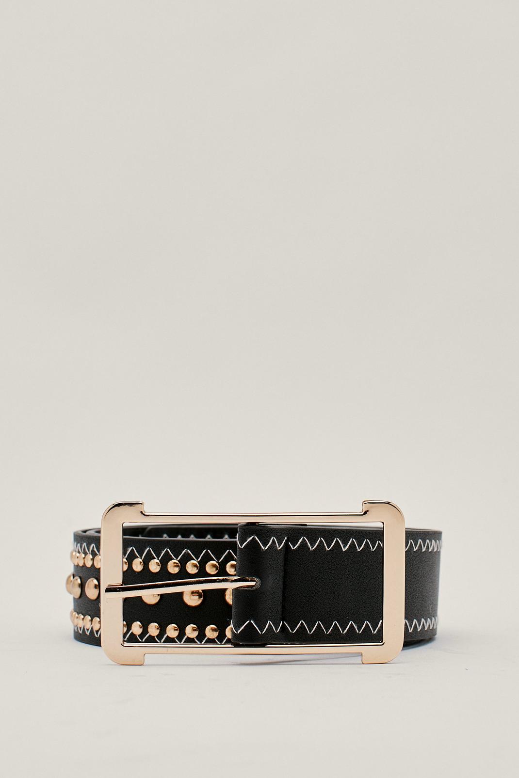 Black Faux Leather Oversized Buckle Studded Waist Belt image number 1
