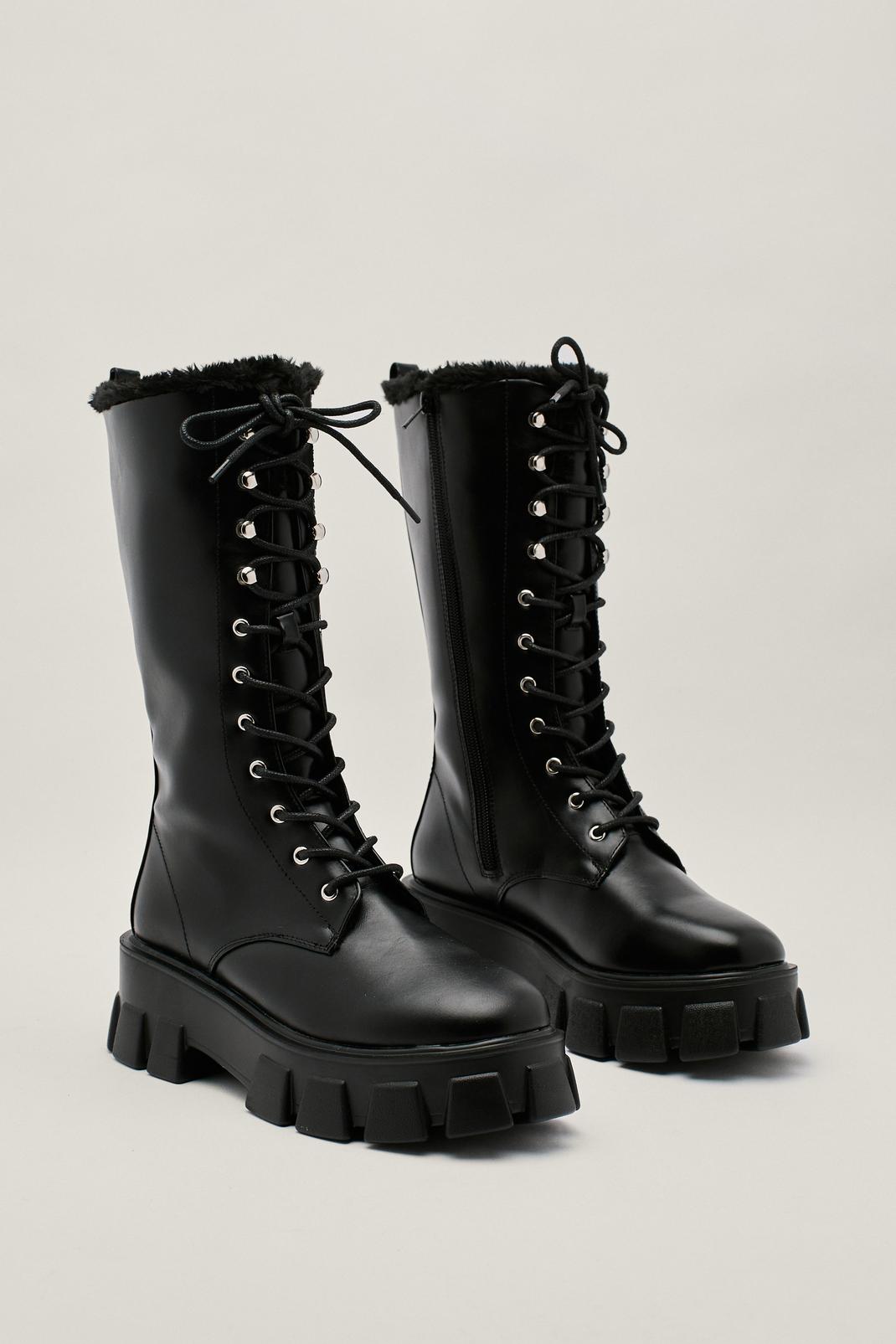 Black Faux Shearling Lined Chunky Biker Boots image number 1