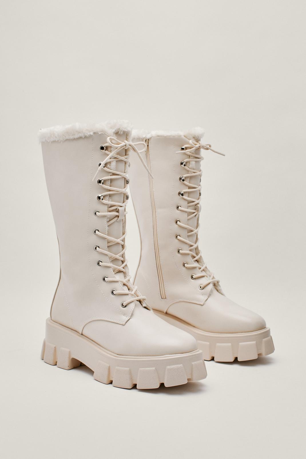 Ecru Faux Shearling Lined Chunky Biker Boots image number 1