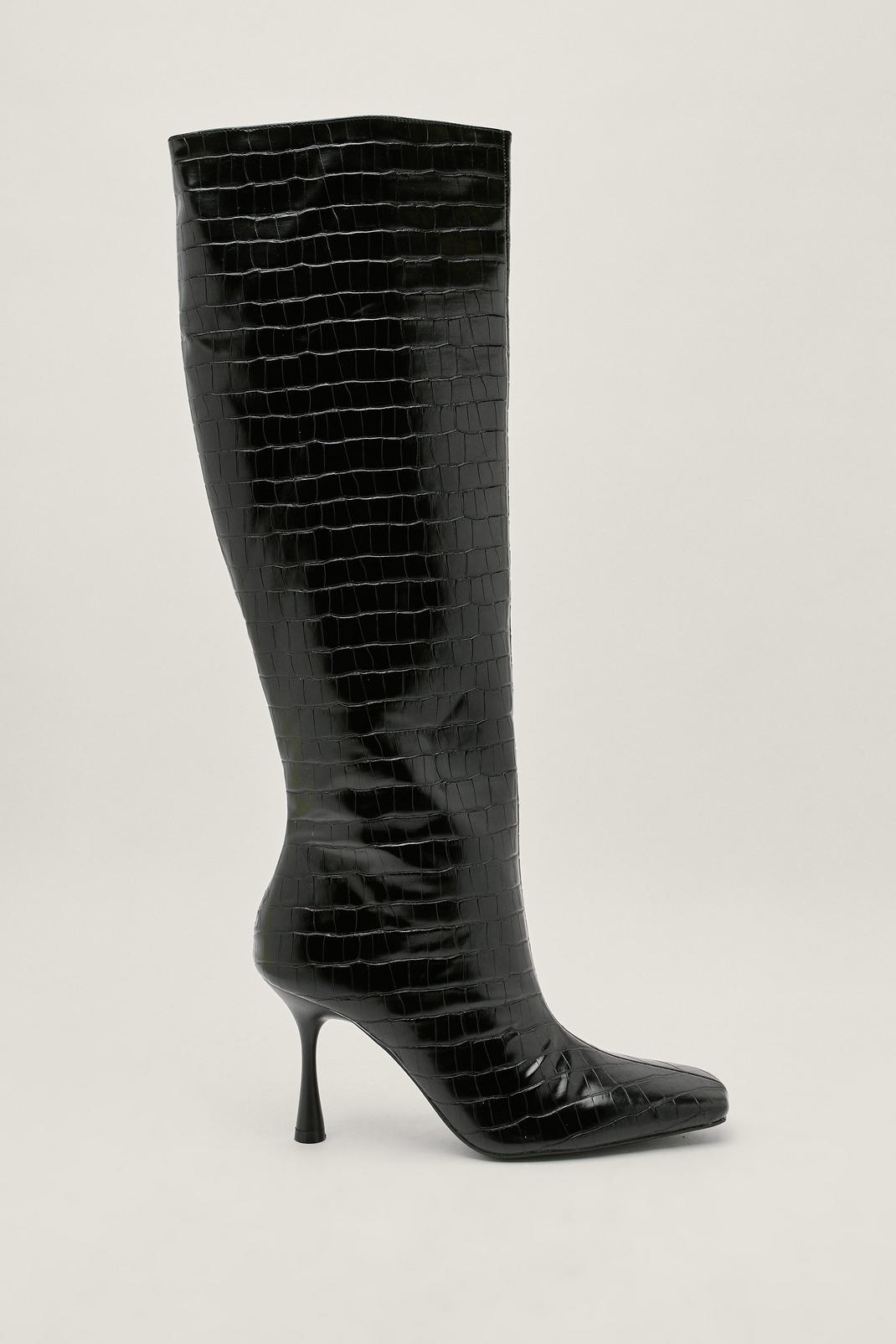 Black Stretch Faux Croc Stiletto Knee High Boots image number 1