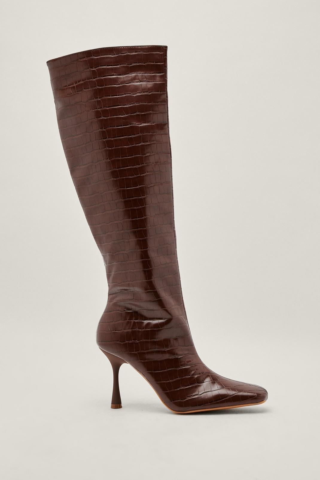 Brown Stretch Faux Croc Stiletto Knee High Boots image number 1