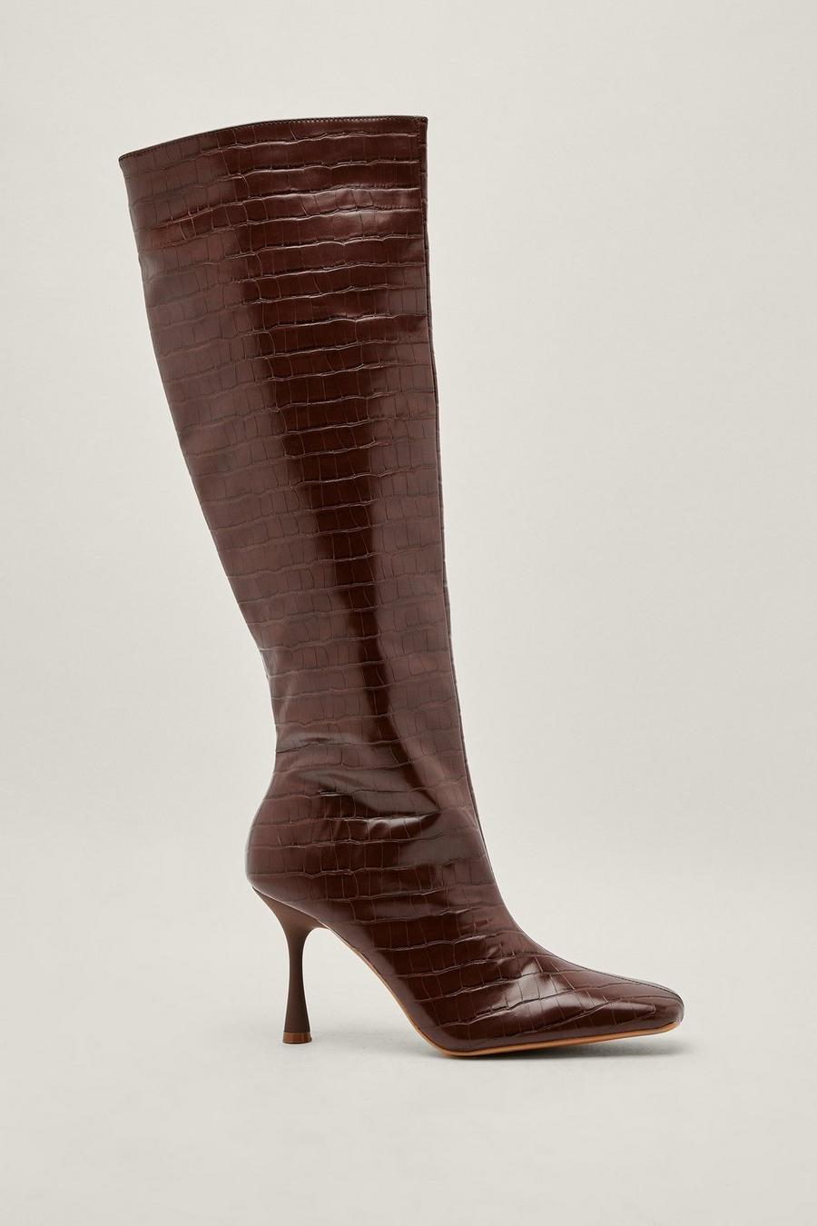 Stretch Faux Croc Stiletto Knee High Boots