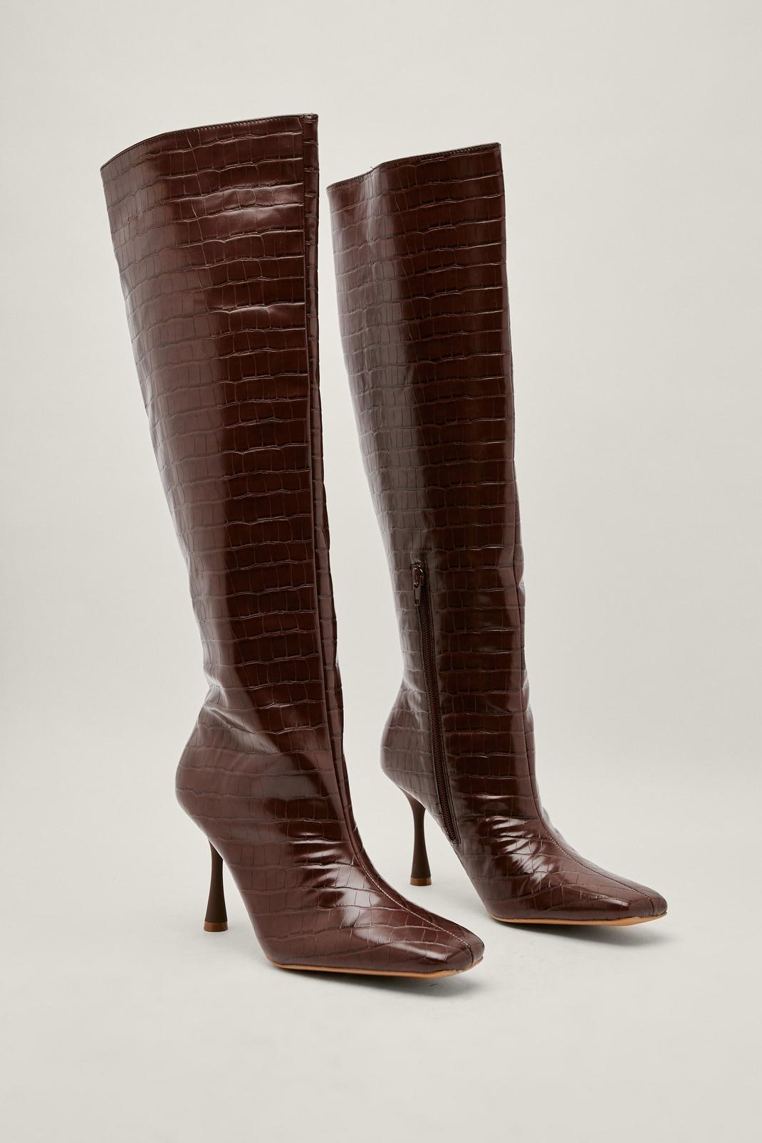 109 Stretch Faux Croc Stiletto Knee High Boots image number 2