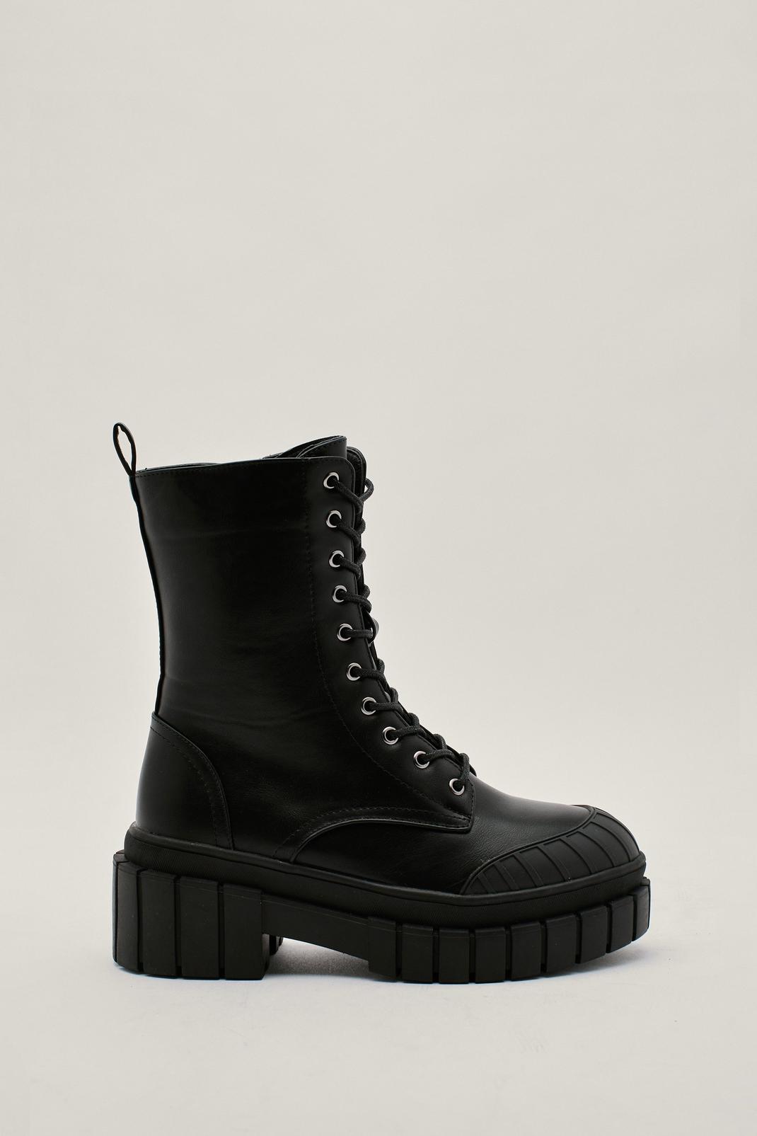 Black Faux Leather Lace Up Hiker Boots image number 1