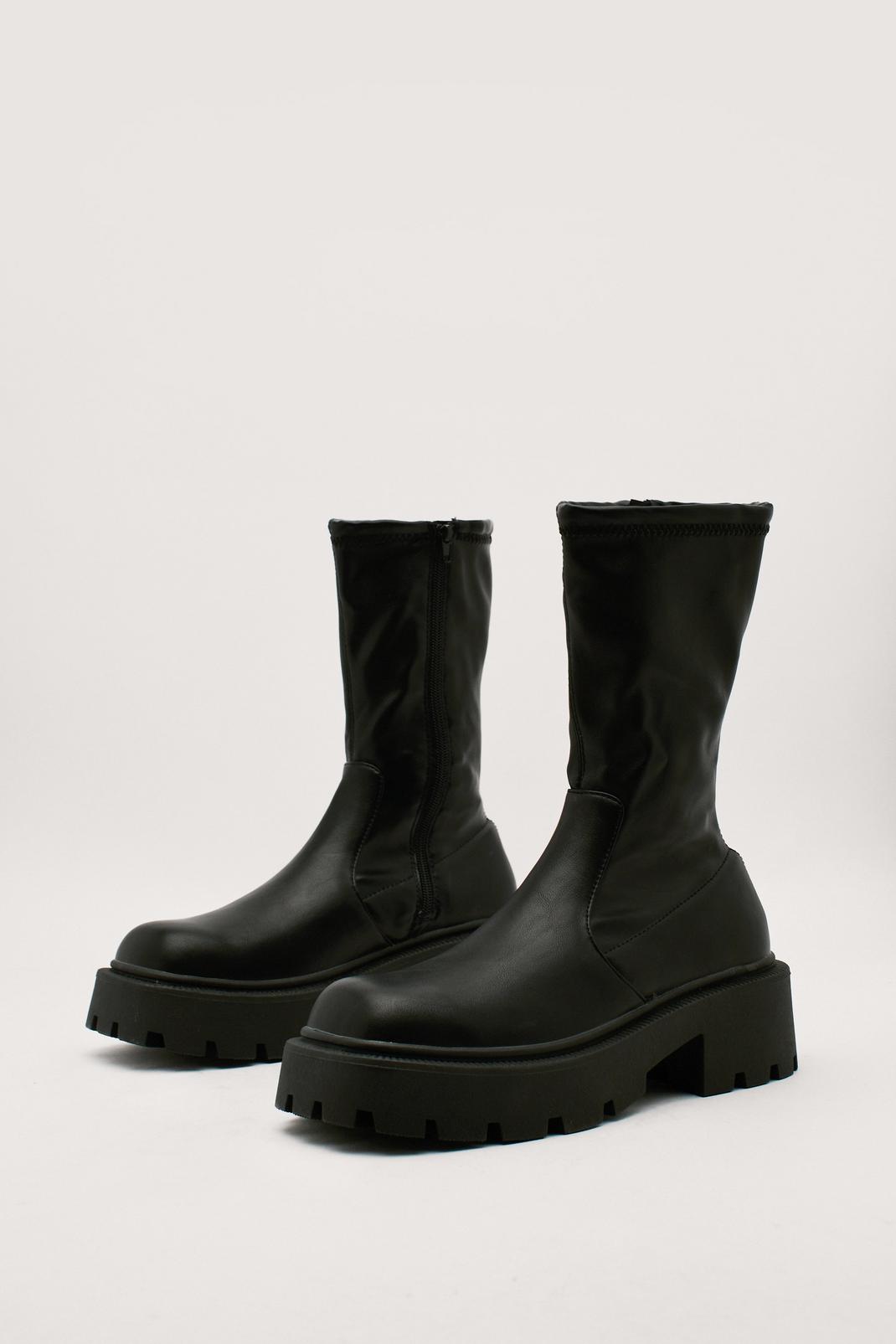 Black Stretch Faux Leather Chunky Sole Ankle Boot image number 1