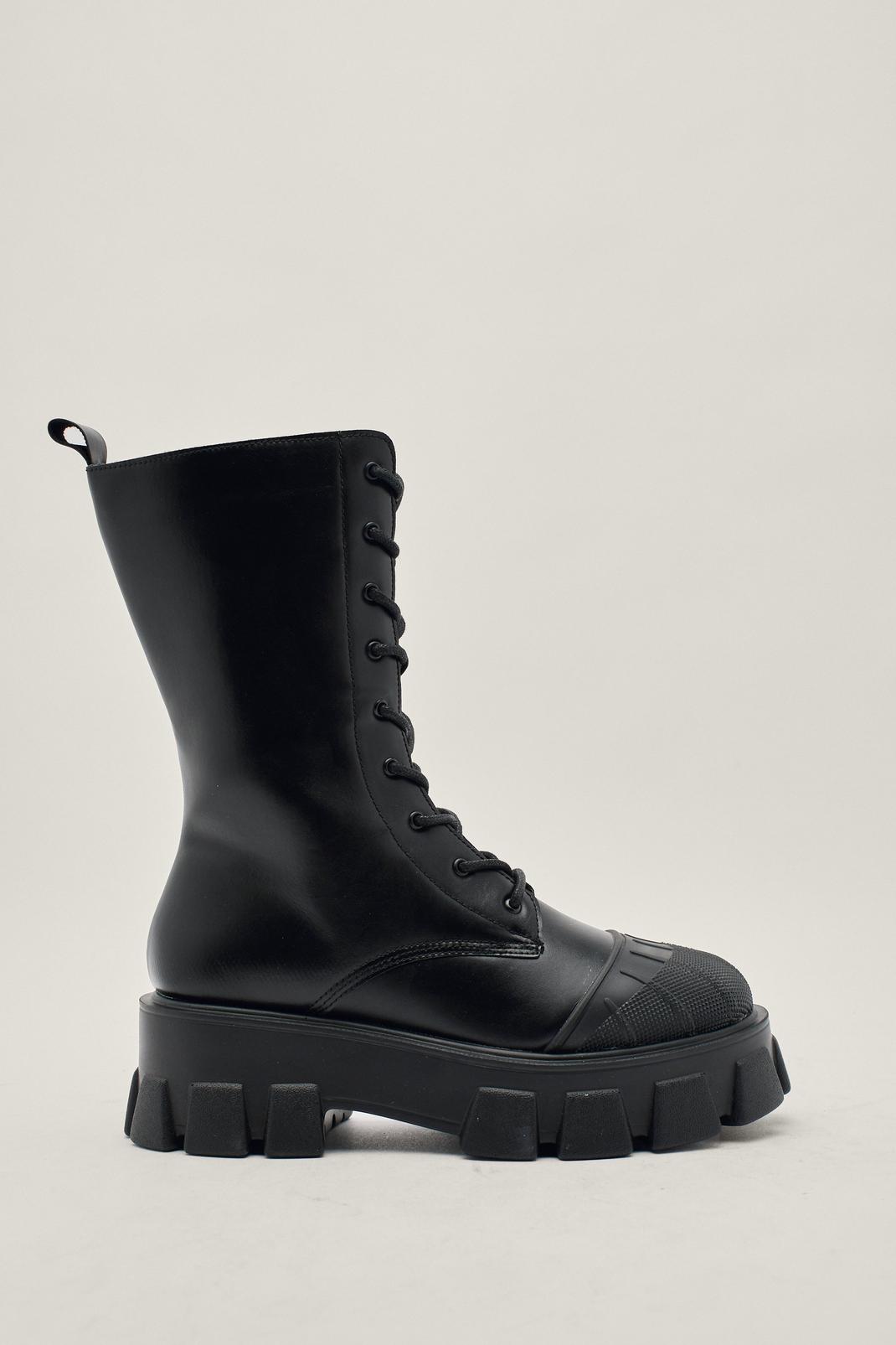 Black Faux Leather Cleated Lace Up Biker Boots image number 1