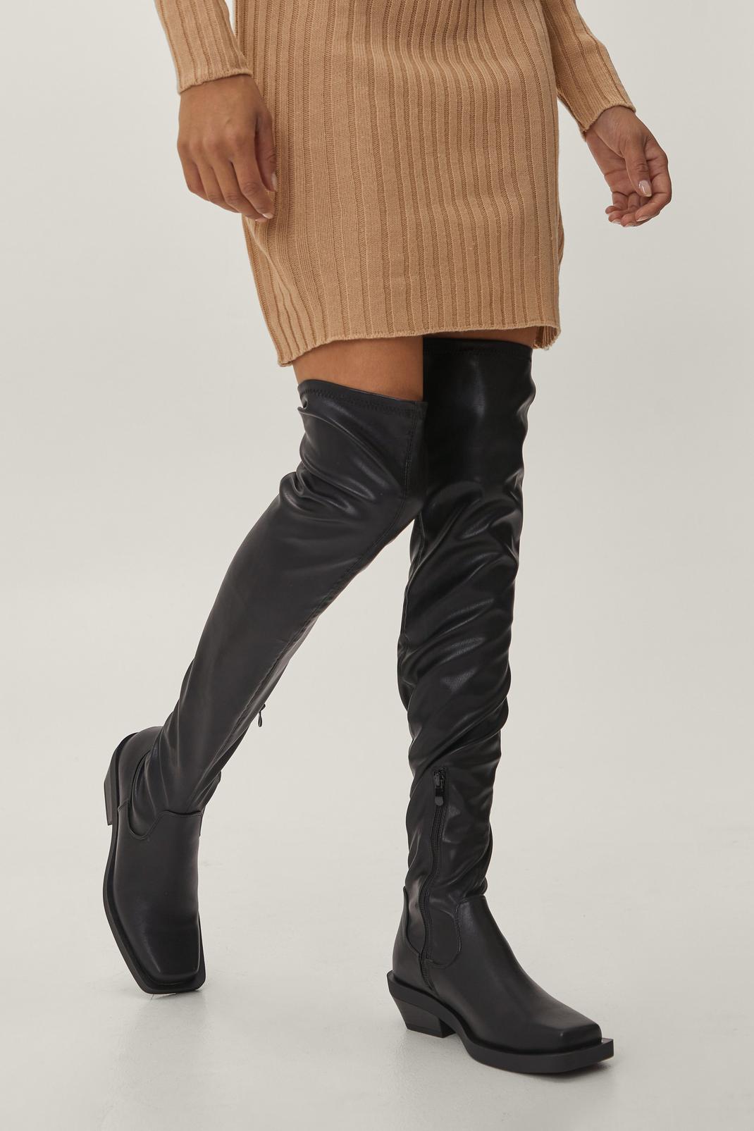 105 Faux Leather Over The Knee Cuban Heel Boots image number 2