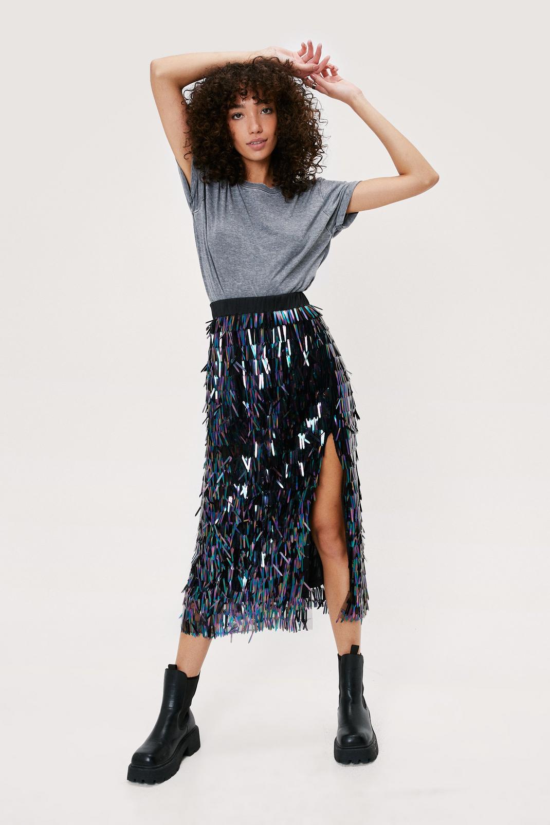 Black Premium Sequin Split Hem Midi Skirt image number 1
