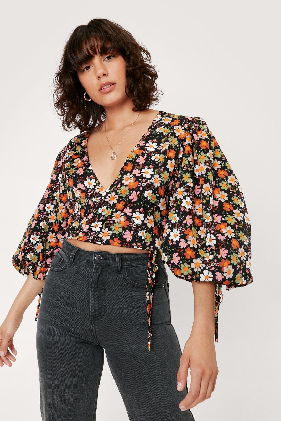 Red Floral Plunge Tie Sleeve Blouse image number 1
