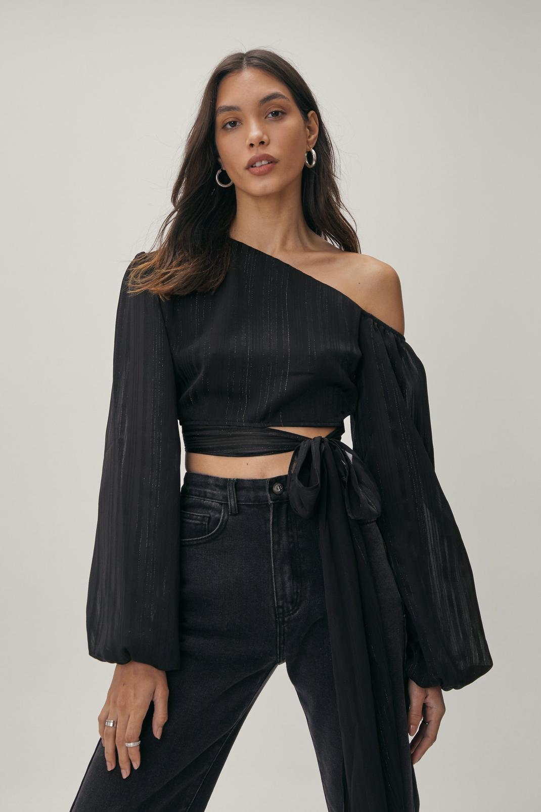 Black One Shoulder Tie Front Balloon Sleeve Blouse image number 1