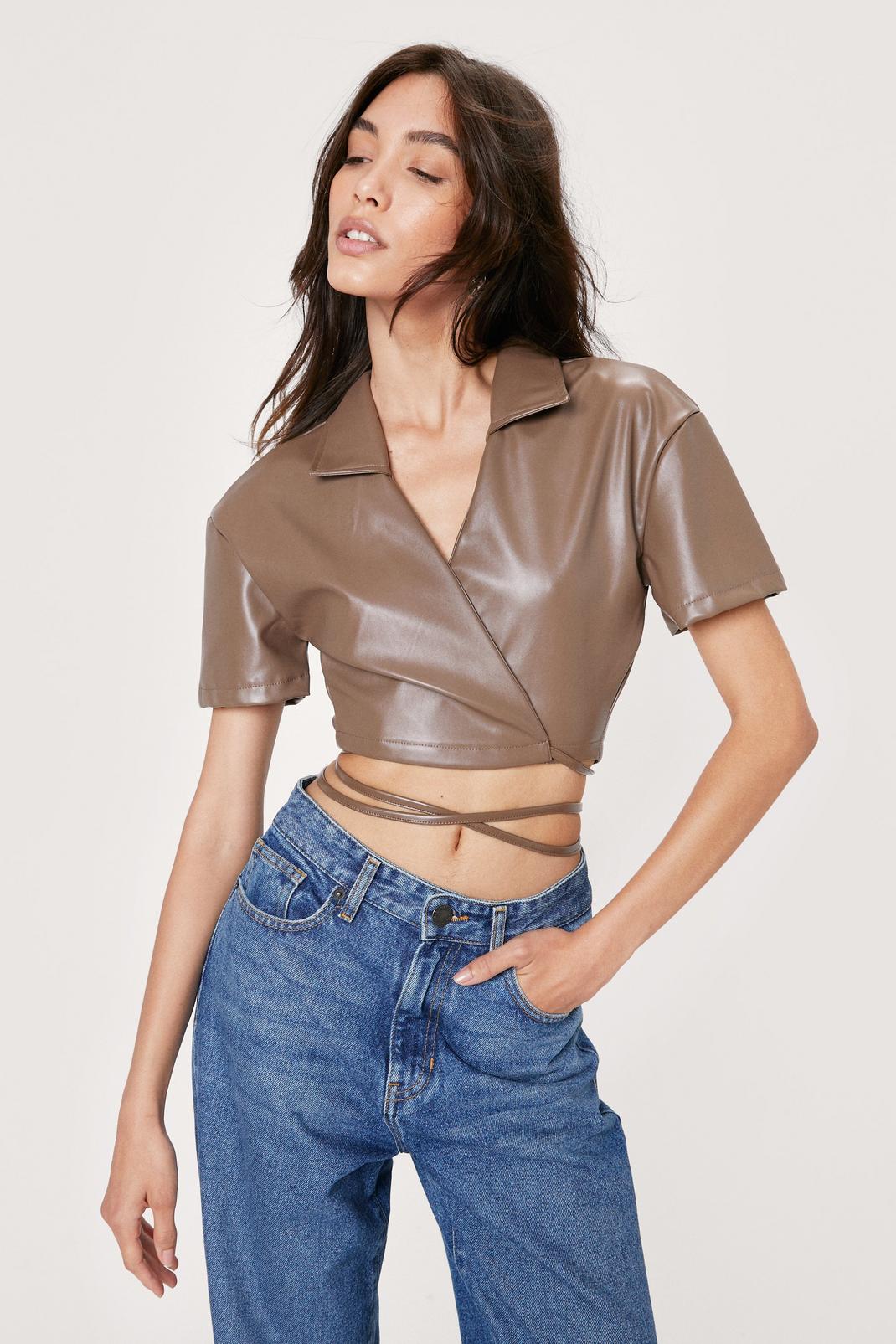 Grey Faux Leather Wrap Wide Sleeve Crop Top image number 1