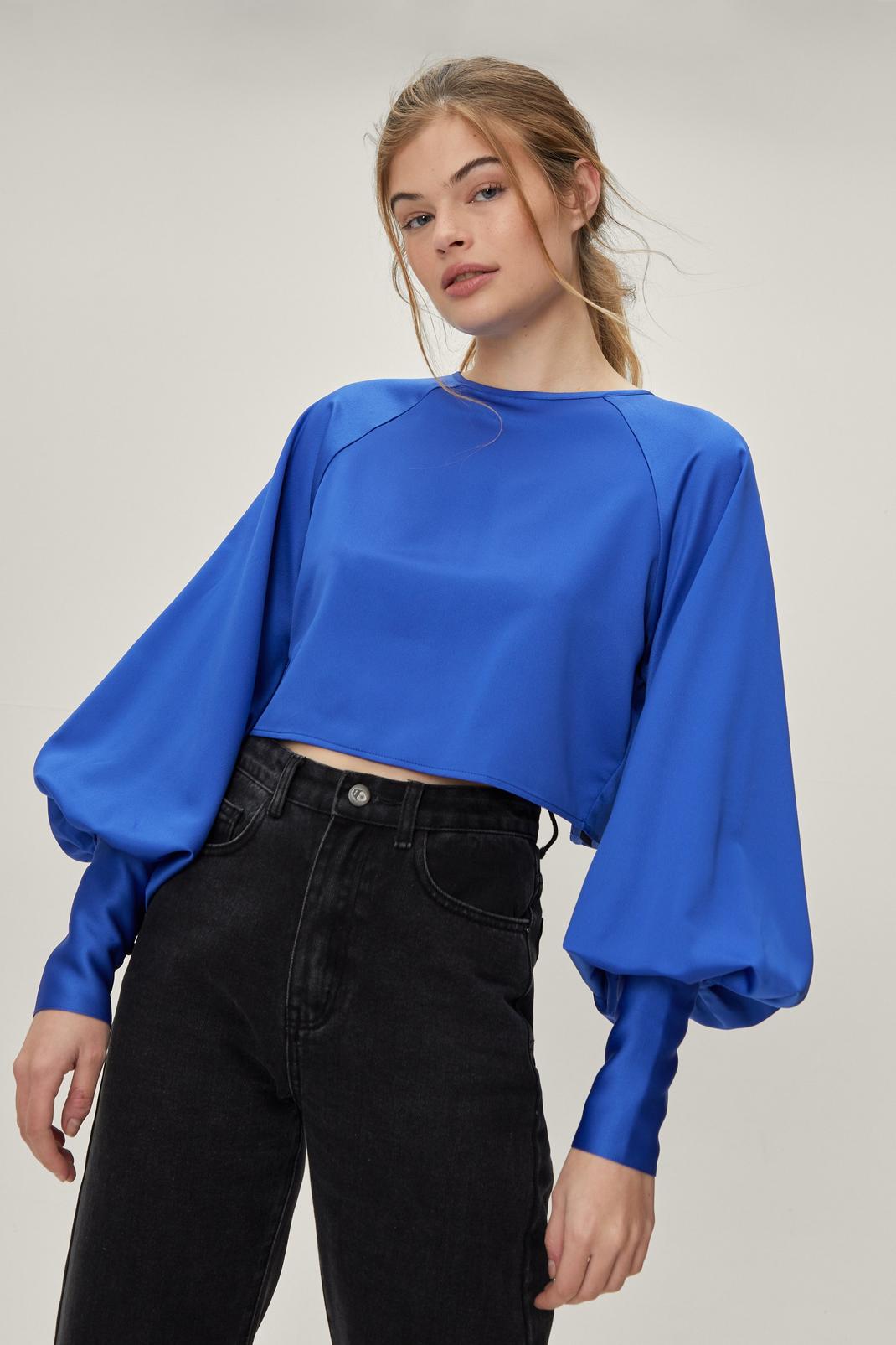 Cobalt Puff Sleeve High Neck Blouse image number 1