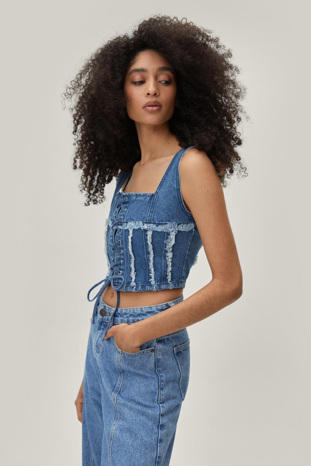 Mid blue Lace Up Denim Cropped Corset Top image number 1