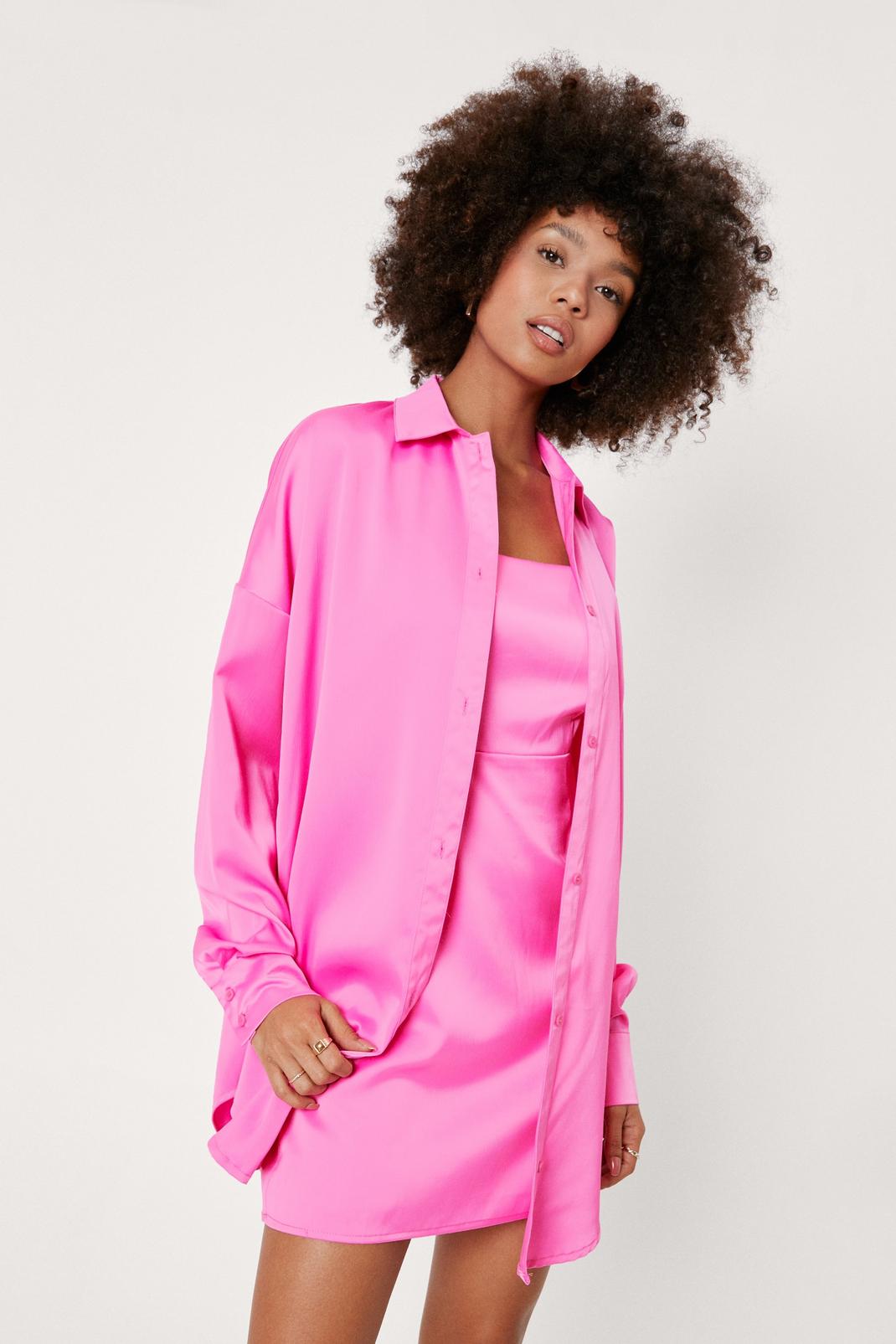 Robe chemise satinée à revers en pointe, Bright pink image number 1