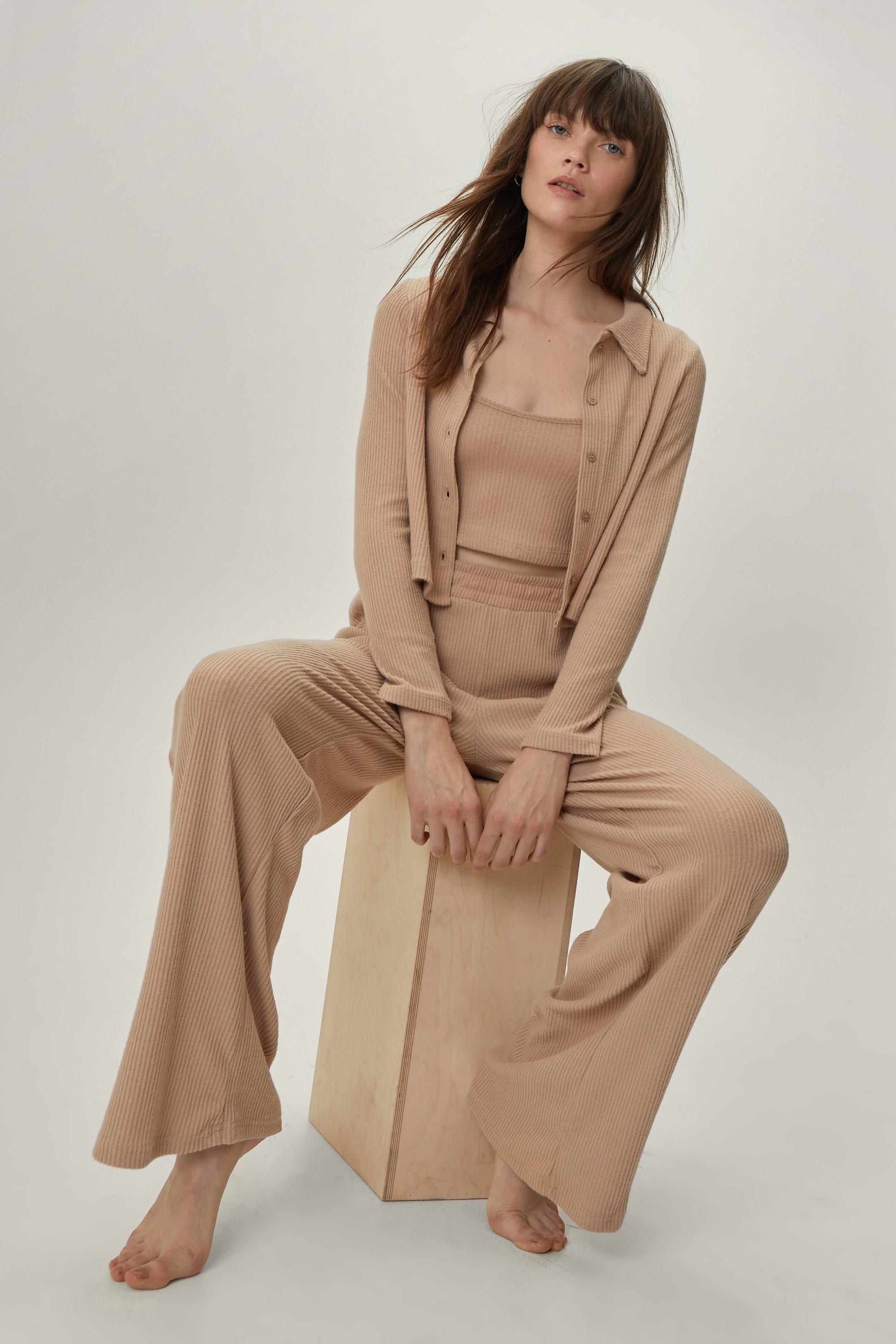 Ribbed 3 Pc Wide Leg Pants Lounge Set