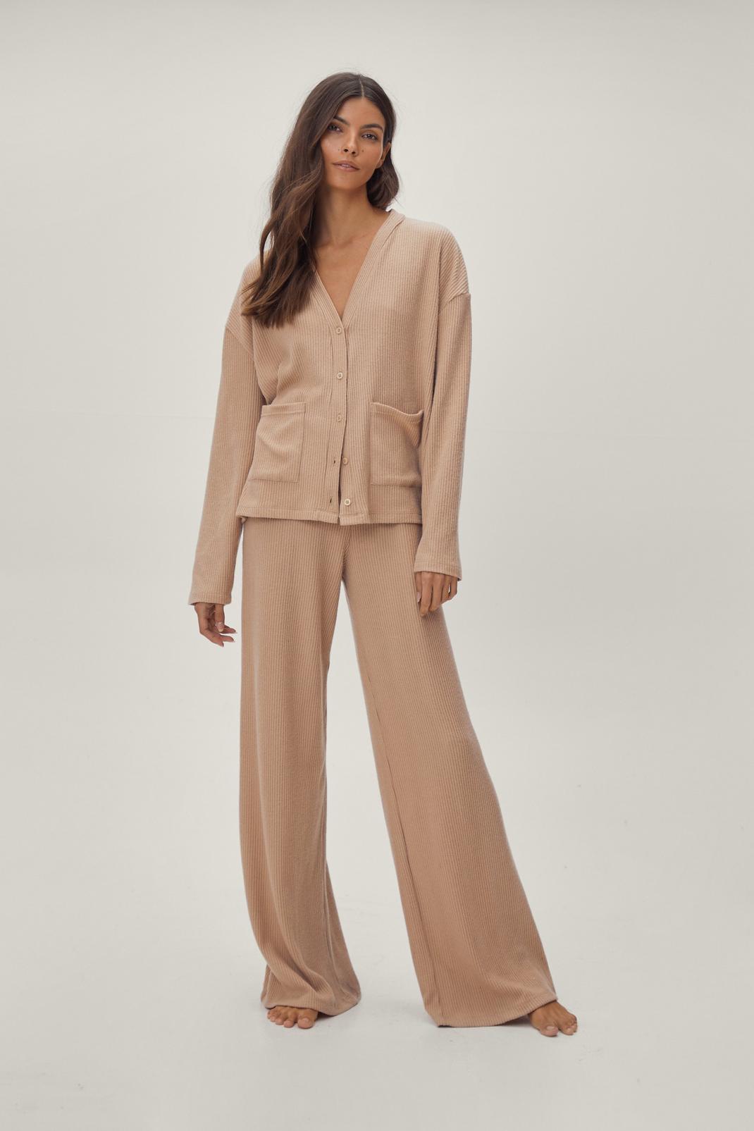 Oatmeal Ribbed Relaxed Cardigan and Pants Lounge Set image number 1