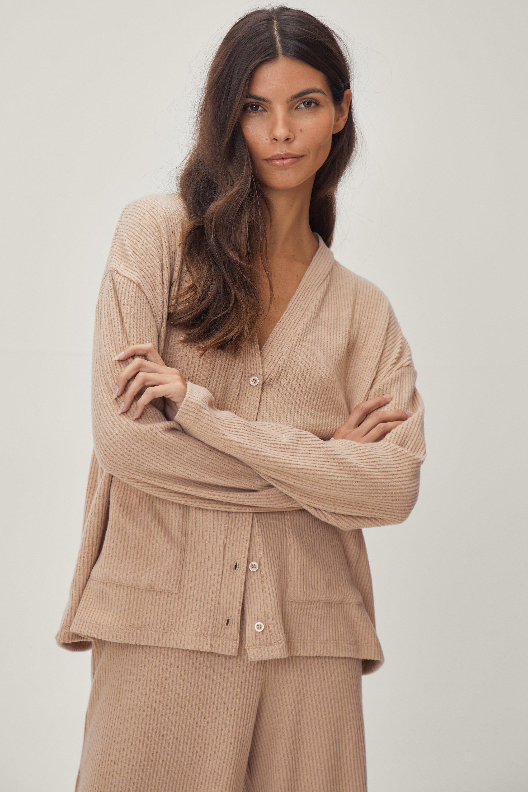 Petite Ribbed Cardigan and Trousers Loungewear Set