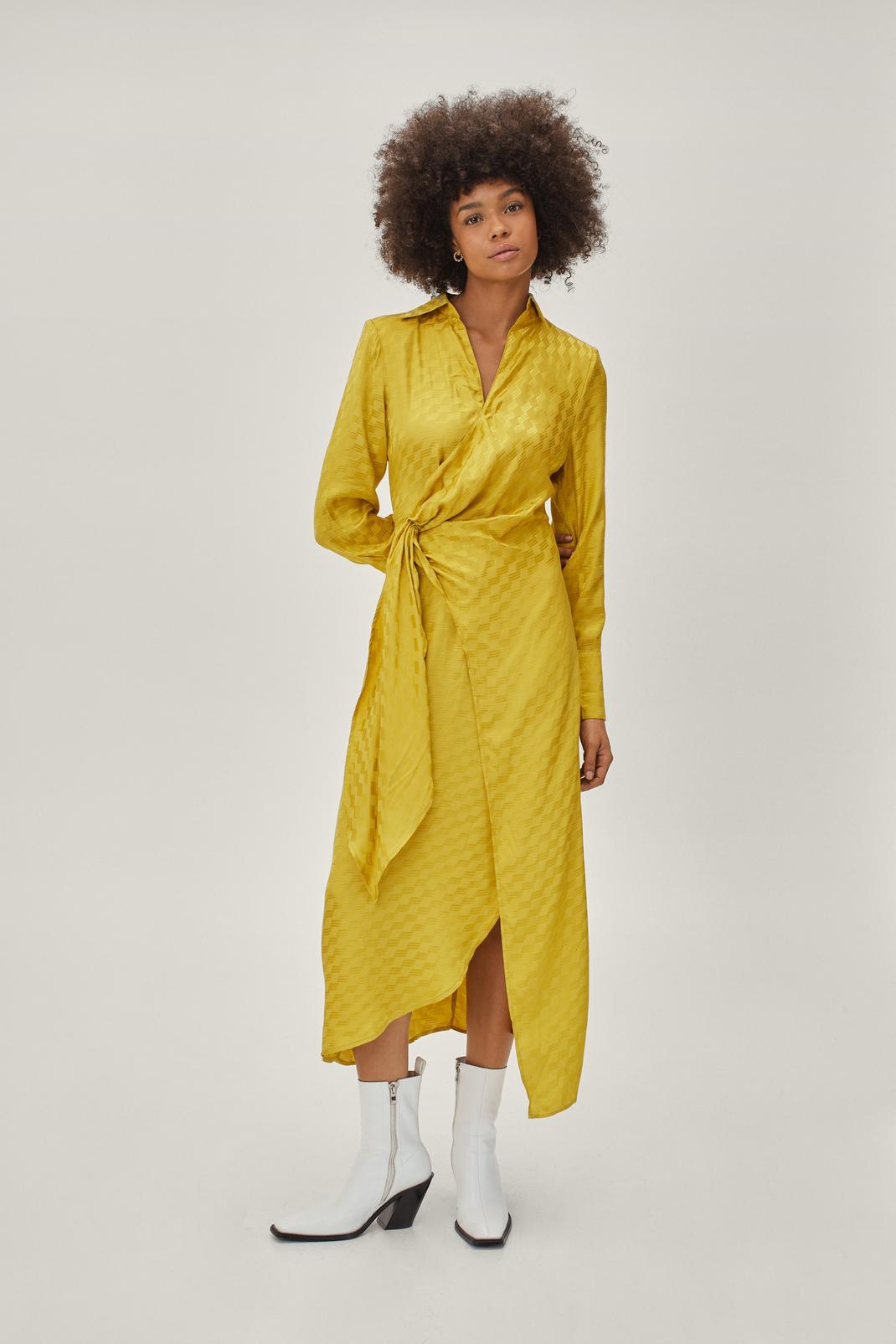 Gold Satin Jacquard Wrap Front Midi Dress image number 1