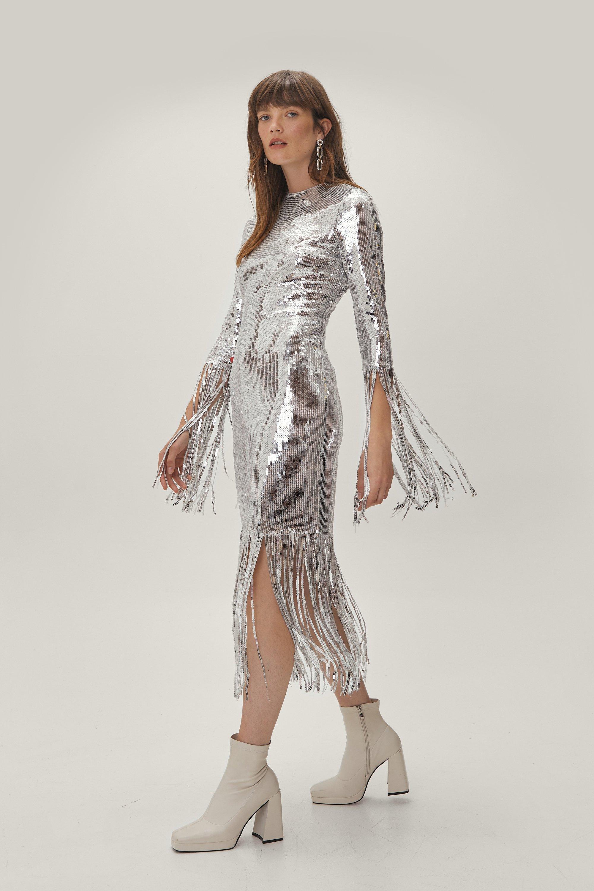 Fringed Long Sleeve Sequin Midi Dress Nasty Gal