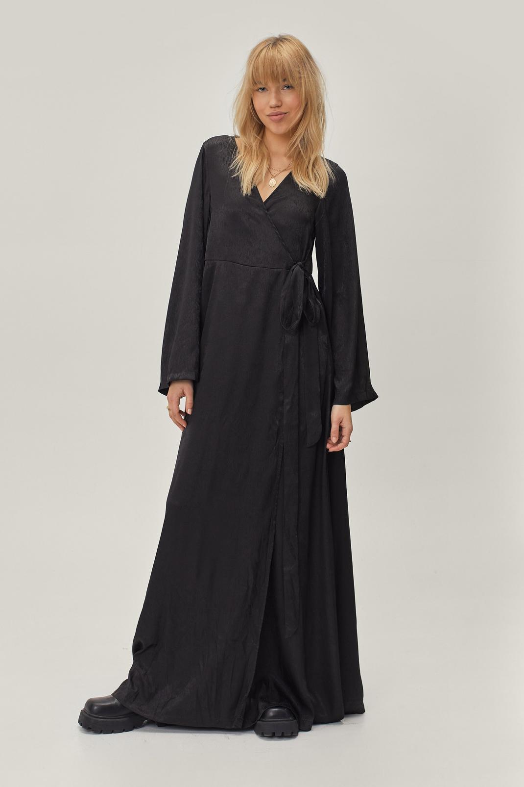 Black Satin Jacquard Wrap Front Midaxi Dress image number 1