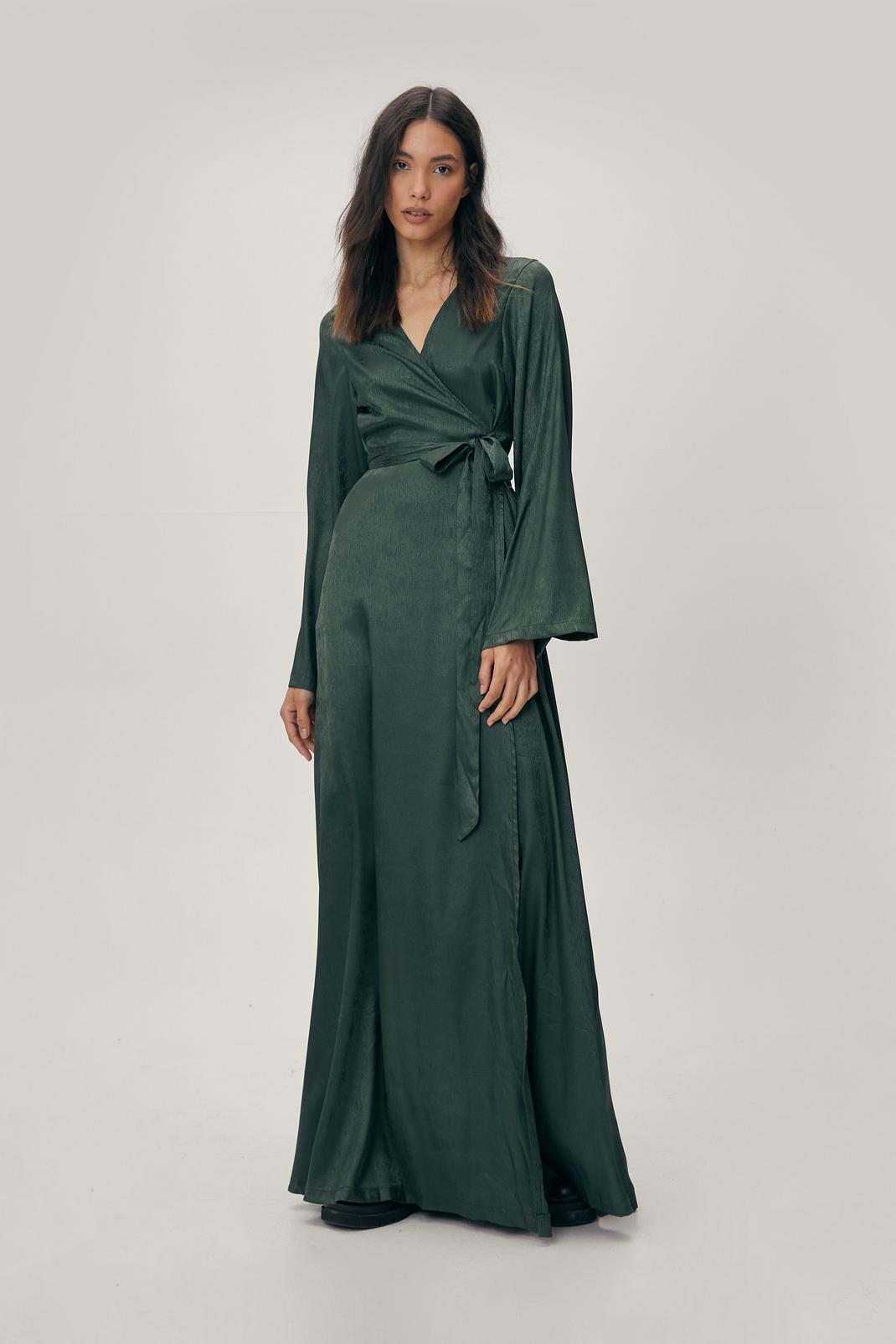 Dark green Satin Jacquard Wrap Front Midaxi Dress image number 1