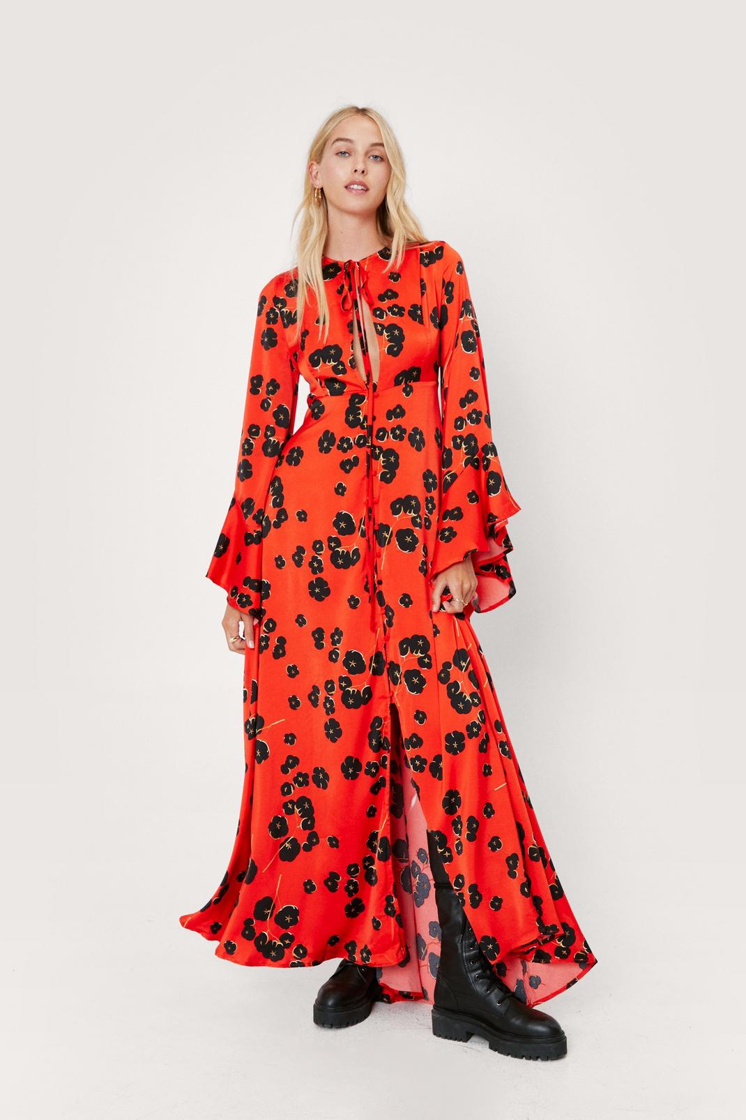 Red Bright Pansy Print Boho Maxi Dress image number 1