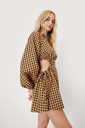 Checked Cut Out Side Mini Smock Dress mustard