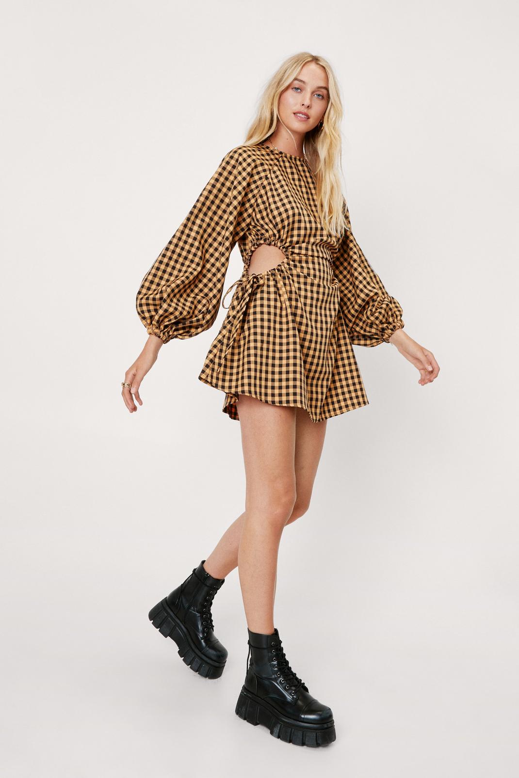 146 Checked Cut Out Side Mini Smock Dress image number 2