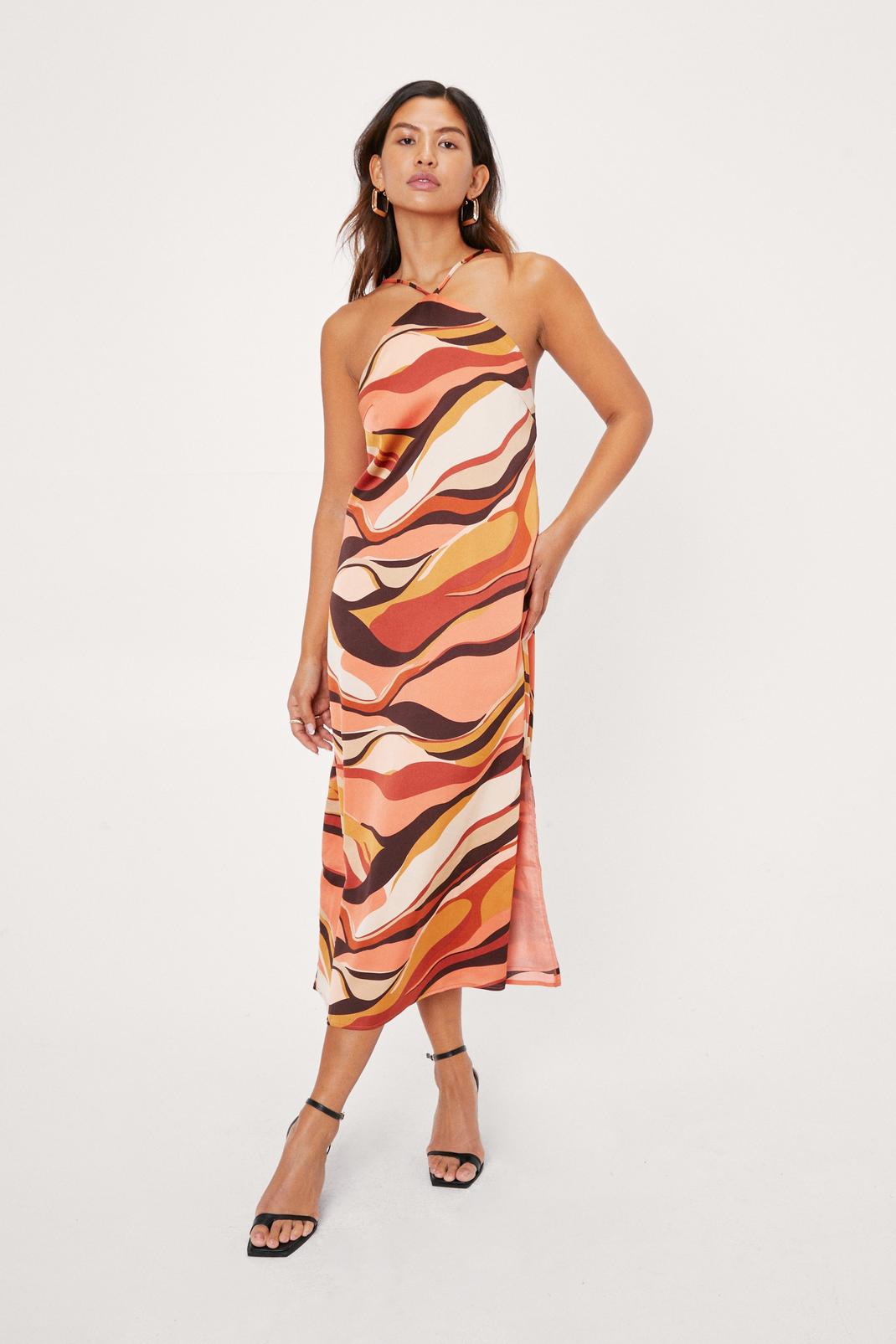 Brown Abstract Halterneck Midi Slip Dress image number 1
