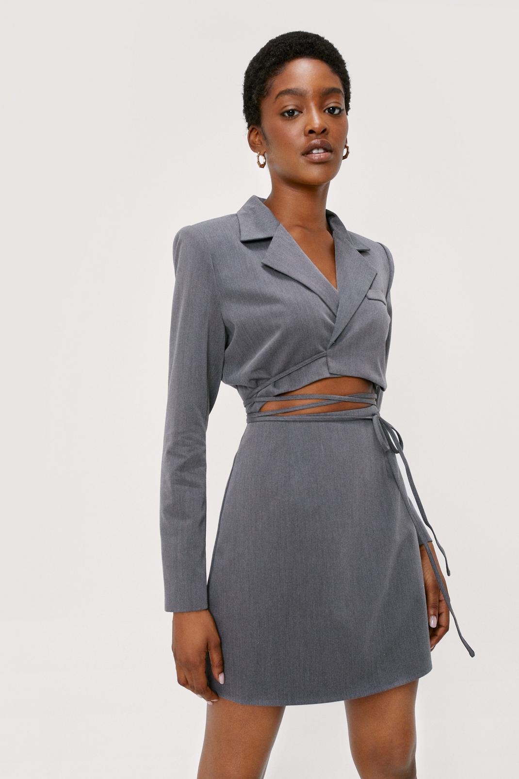 Charcoal Strappy Waist Detail Cut Out Blazer Dress image number 1