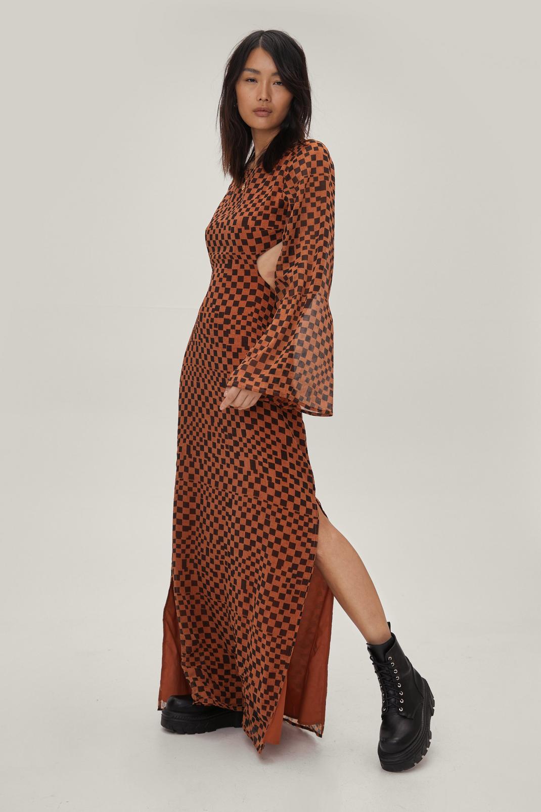 Chocolate Checkerboard Backless Wide Sleeve Maxi Dress image number 1