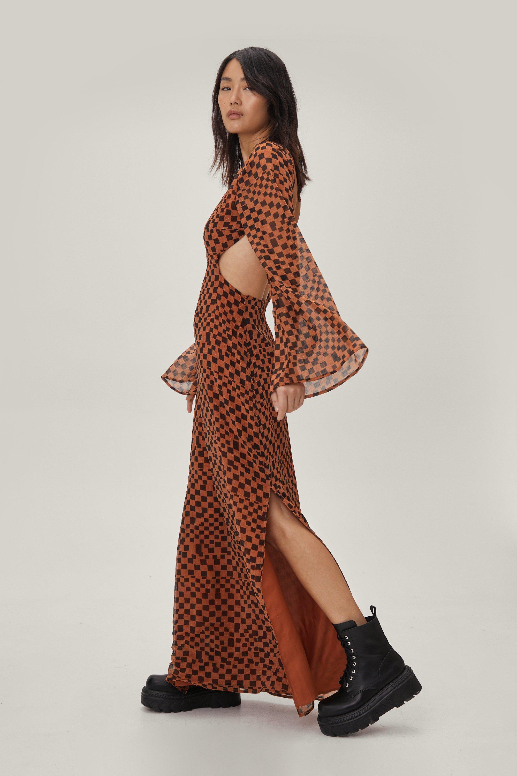 Checkerboard Backless Wide Sleeve Maxi Dress | Nasty Gal