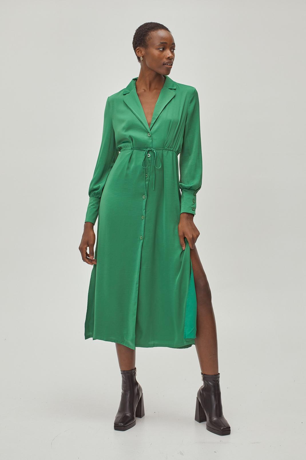 Green Tie Waist Plunge Midi Shirt Dress image number 1