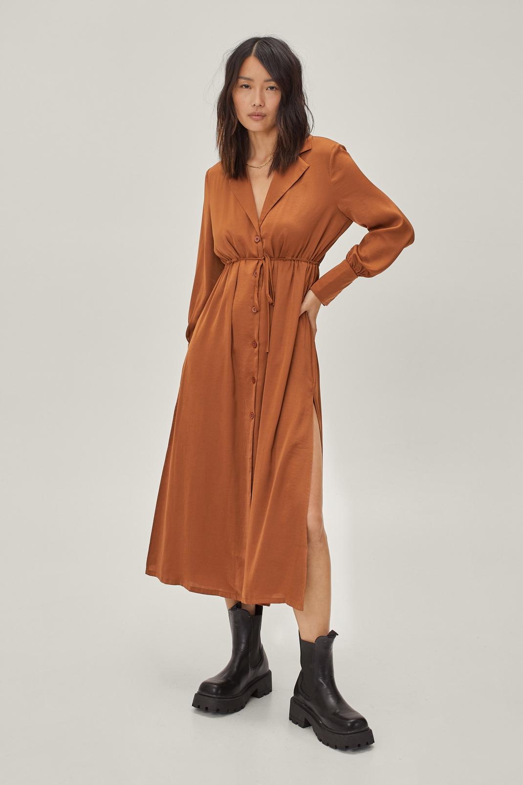 Rust Tie Waist Plunge Midi Shirt Dress image number 1