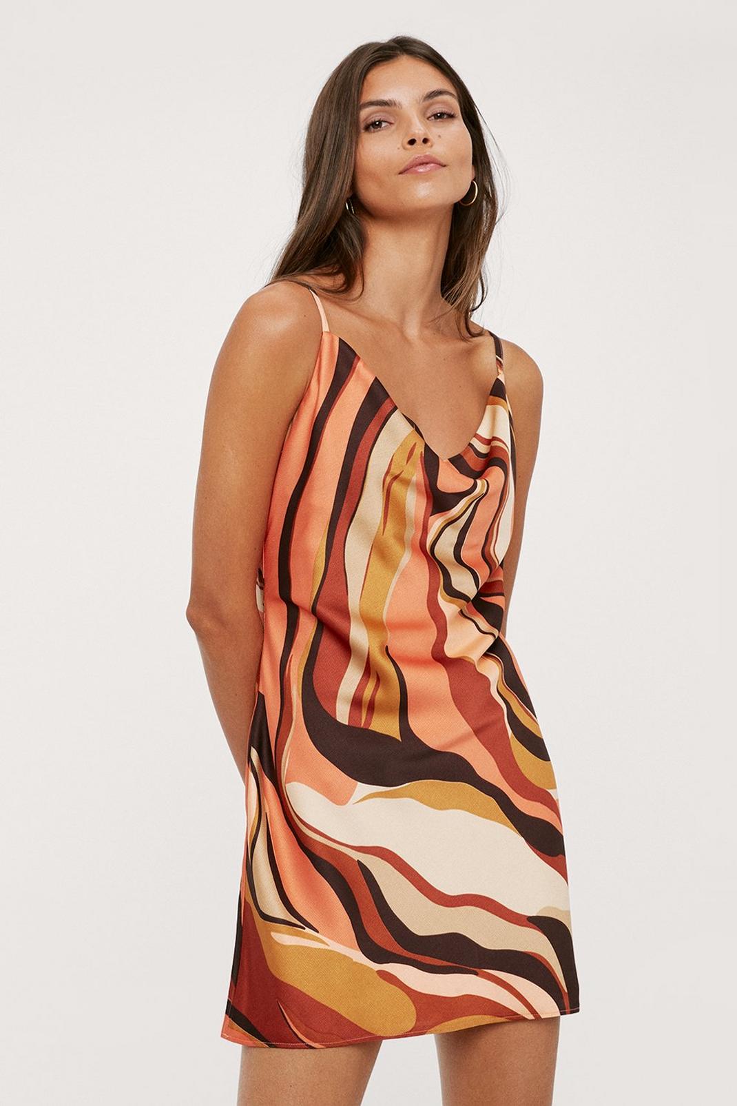 Brown Abstract Cowl Front Mini Slip Dress image number 1